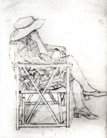 Donna seduta, disegno a matita, copia per la stampa, 1985
