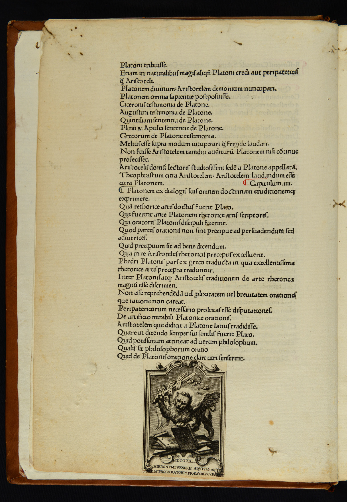 Inc. 219: Bessarionis cardinalis Sabini & patriarche Constantinopolitani capitula libri primi aduersus calumniatorem Platonis incipiunt feliciter