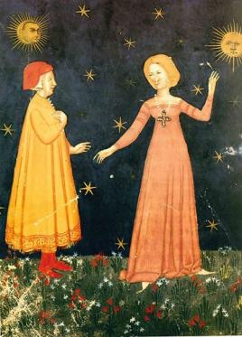 Beatrice che addita a Dante il sole, in Cod. It. IX, 276 (=6902): Dante Alighieri, La Divina Commedia, c. 53v